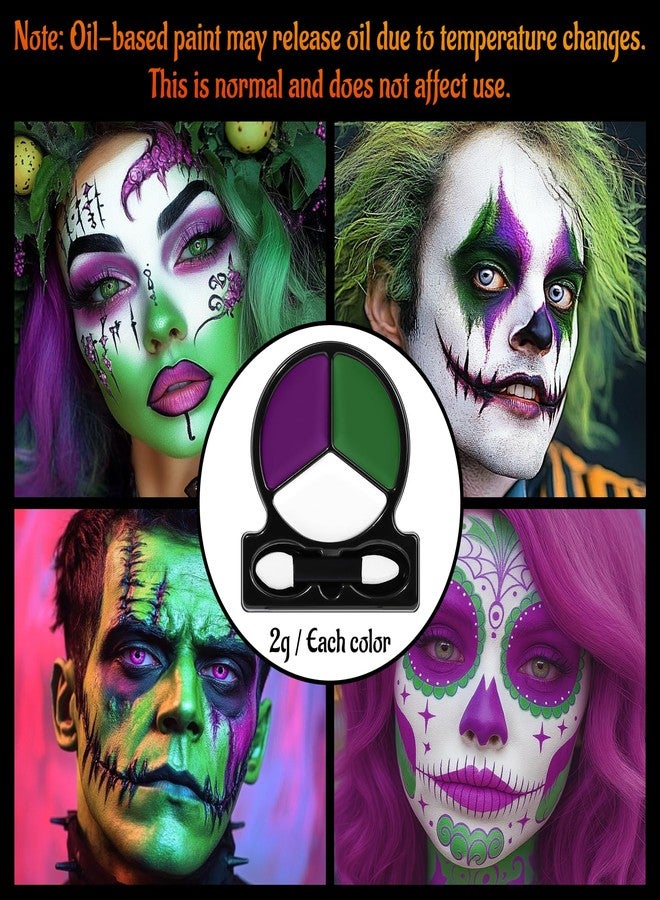 BADCOLOR طلاء وجه وجسم أبيض وأخضر وبنفسجي مع أداة تطبيق، طقم طلاء وجه زيتي للهالوين، مناسب لشخصيات الجنيات المظلمة، ومكياج الملكة الشريرة، وألوان الوجه لأزياء الساحرات والوحوش، ولأزياء التنكر. - Image 5